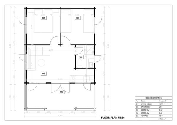 Prefab Residential House + Terrace Demetrios 44mm, 8.6×6, 35m²